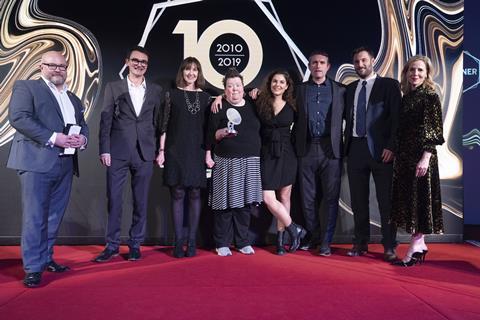 Best British film of the year winner 'Bait' with presenter Gareth Ellis-Unwin, ScreenSkills (left) and host Sally Phillips (right)